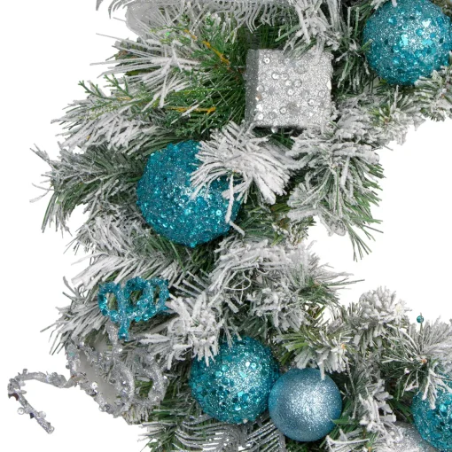 New Flocked Pine with Glitter Ornaments Artificial Christmas Wreath - 24" - Unlit Pre Decorated