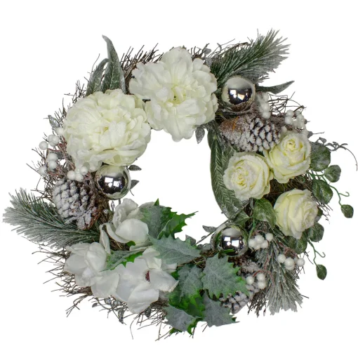 Floral Flocked Pine Artificial Grapevine Christmas Wreath - 24" - Unlit Frosted