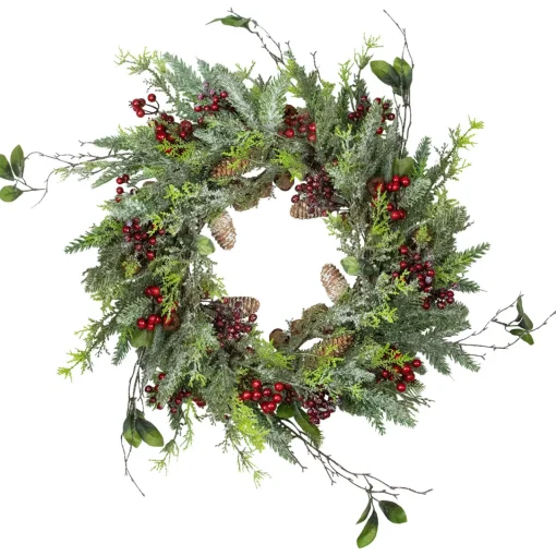 Hot Frosted Pine and Berry Artificial Christmas Wreath, 25-Inch, Unlit Pre Decorated