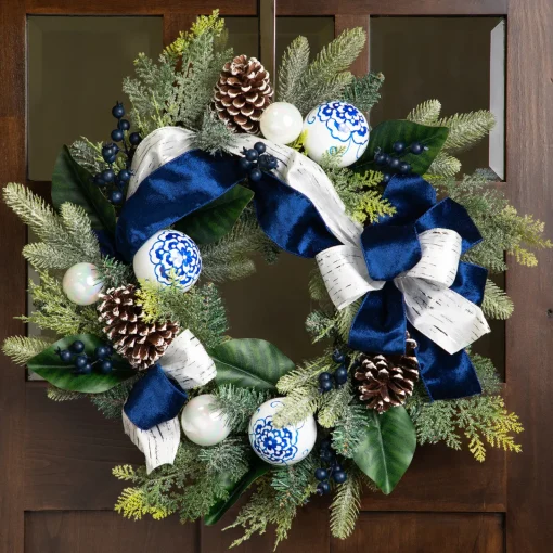 Sale Frosted Pine with Blueberries, Bows and Ornaments Christmas Wreath - 24" - Unlit Unlit