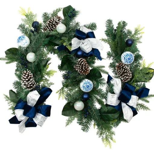 Discount Frosted Pine with Blueberries, Bows and Ornaments Christmas Garland - 6' x 8" - Unlit Unlit