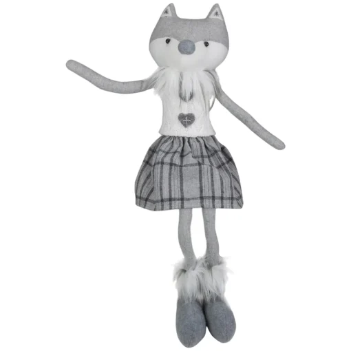 Girl Fox Sitting Christmas Figure with Dangling Legs - 22" - Gray and White Animals