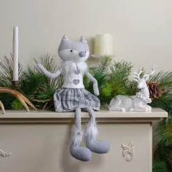 Girl Fox Sitting Christmas Figure with Dangling Legs - 22" - Gray and White Animals