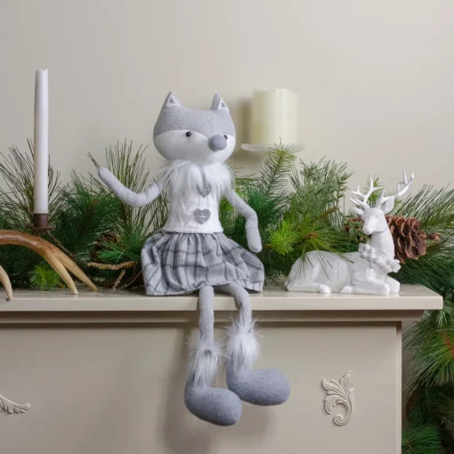 Girl Fox Sitting Christmas Figure with Dangling Legs - 22" - Gray and White Animals