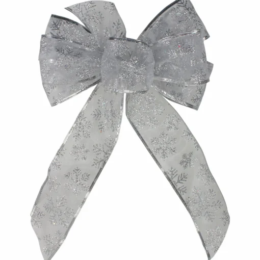 Outlet Glitter Snowflake 6-Loop Sheer Christmas Bow Decoration - 9" x 14" - Silver Ribbons & Bows
