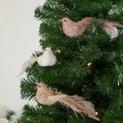 New Glittered Bird Christmas Clip-on Ornaments - 6.5" - Pink and Champagne - Set of 3 Animals