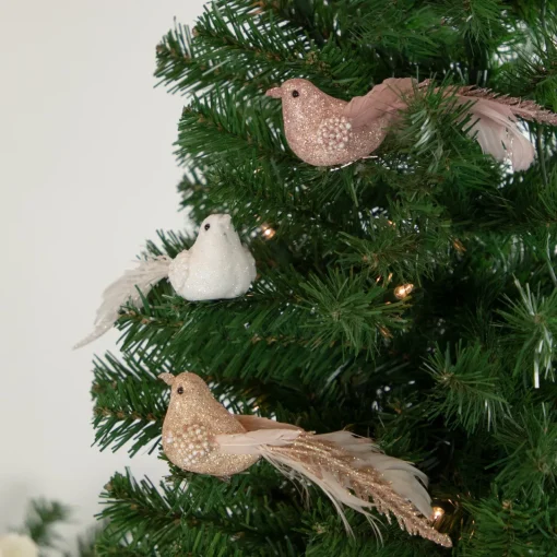 New Glittered Bird Christmas Clip-on Ornaments - 6.5" - Pink and Champagne - Set of 3 Animals
