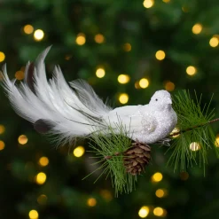 Hot Glittered Bird with Feather Tail Clip-on Christmas Ornament - 8" - White and Black Animals