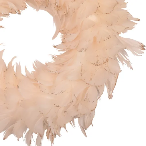 Online Glittered Feathers Christmas Wreath - 14.5" - Unlit - Peach Pre Decorated
