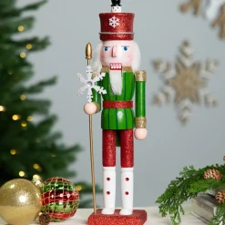 Hot Glittered Nutcracker with Snowflake Scepter Christmas Figure - 15" - Red and Green Nutcrackers
