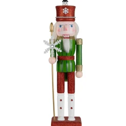 Hot Glittered Nutcracker with Snowflake Scepter Christmas Figure - 15" - Red and Green Nutcrackers