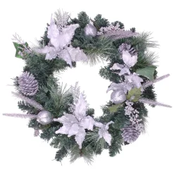 Hot Glittered Poinsettia with Pine Cones Artificial Christmas Wreath - 24" - Unlit Pre Decorated