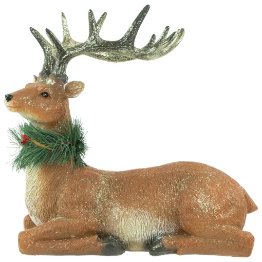 Clearance Glittered Sitting Deer with Pine Neck Wreath Christmas Decoration - 10" Animals