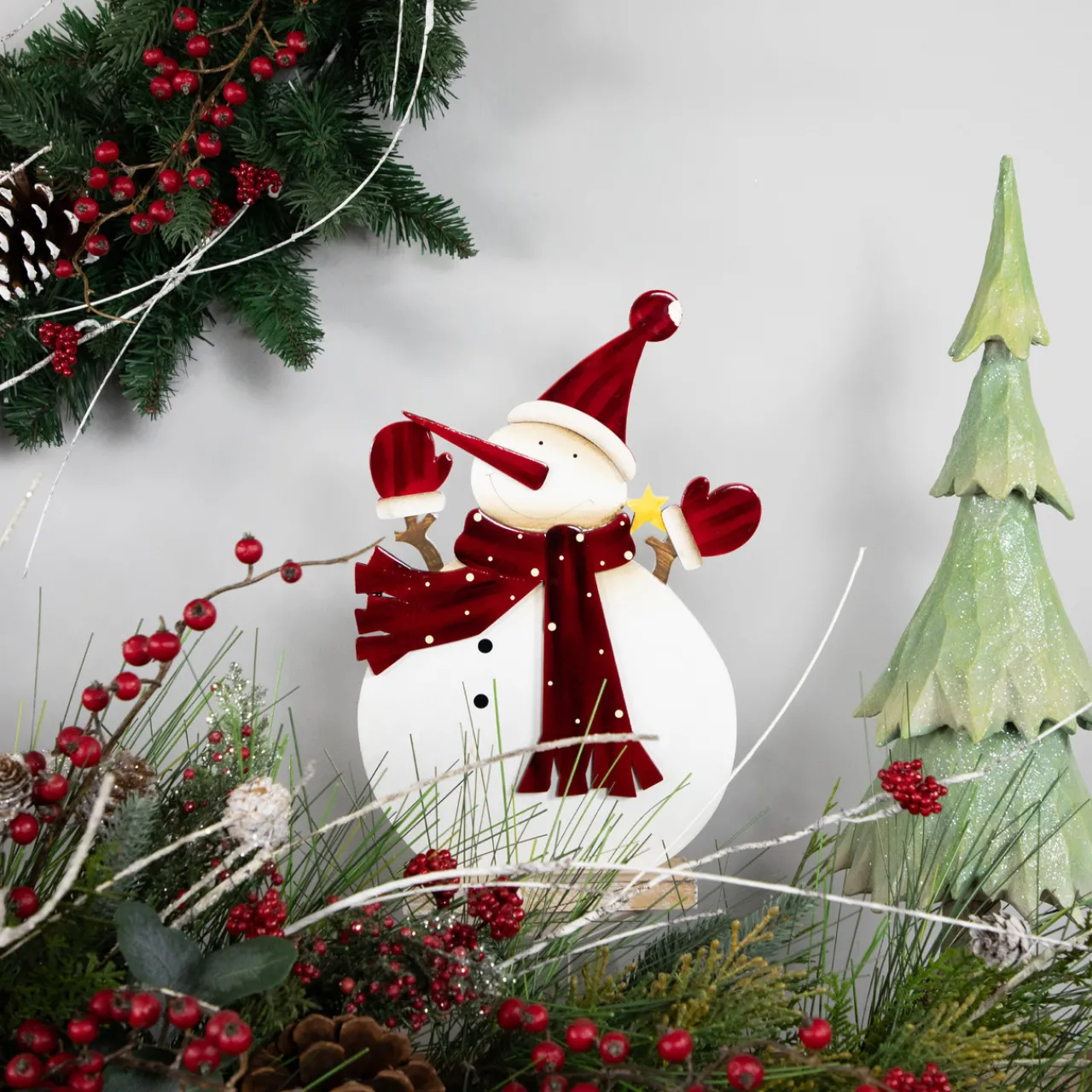 Hot Glossy Snowman in Red Scarf and Mittens Christmas Decoration - 12" Snowmen