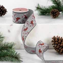 Sale Gray and Red Cardinal Wired Craft Christmas Ribbon 2.5" x 10 Yards Ribbons & Bows