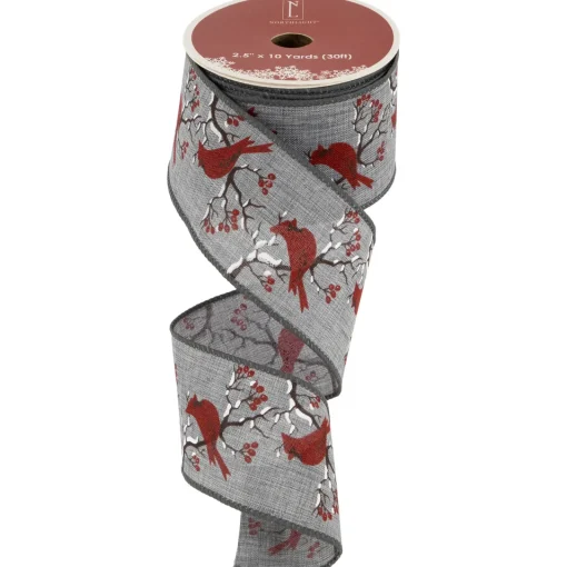Sale Gray and Red Cardinal Wired Craft Christmas Ribbon 2.5" x 10 Yards Ribbons & Bows