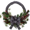 Gray and Red Plaid Artificial Christmas Wreath with Red Berries - 24-Inch, Unlit Pre Decorated