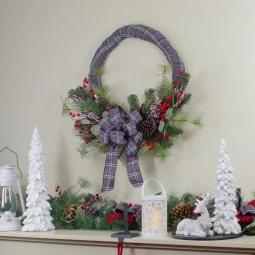 Gray and Red Plaid Artificial Christmas Wreath with Red Berries - 24-Inch, Unlit Pre Decorated