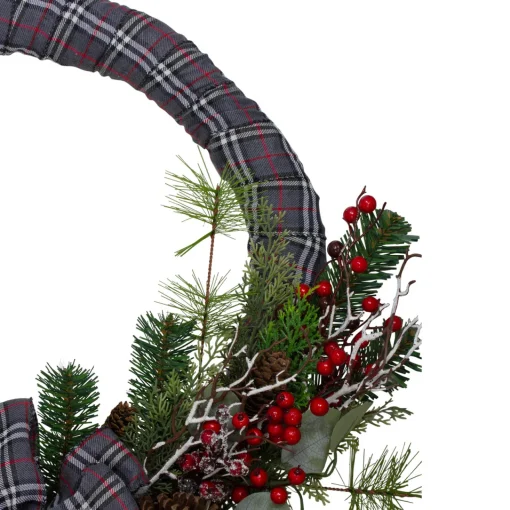 Gray and Red Plaid Artificial Christmas Wreath with Red Berries - 24-Inch, Unlit Pre Decorated