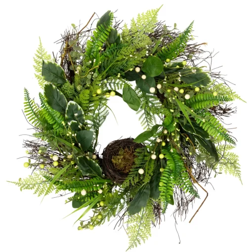 Clearance Green and Brown Foliage Artificial Spring Wreath with Nest - 24" - Unlit Unlit