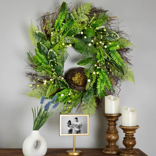 Clearance Green and Brown Foliage Artificial Spring Wreath with Nest - 24" - Unlit Unlit