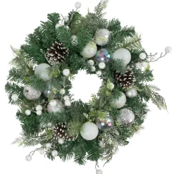 Outlet Green Pine Artificial Christmas Wreath with Berries and Iridescent Ornaments, 24-Inch Unlit