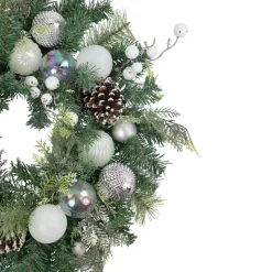 Outlet Green Pine Artificial Christmas Wreath with Berries and Iridescent Ornaments, 24-Inch Unlit