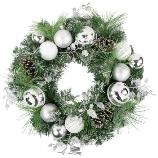 Sale Green Pine Needle Wreath with Pinecones and Christmas Ornaments, 24-Inch, Unlit Unlit