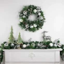 Sale Green Pine Needle Wreath with Pinecones and Christmas Ornaments, 24-Inch, Unlit Unlit