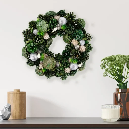 New Green Pinecone and Foliage Artificial Christmas Wreath, 14-Inch, Unlit Unlit