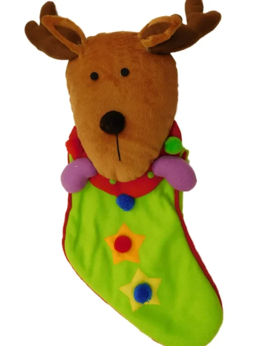 Clearance Green Pom Pom Star Reindeer Face Christmas Stocking Stockings