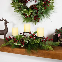 Discount Holly and Berries Christmas Pillar Candle Holder with Pine Cones - 28