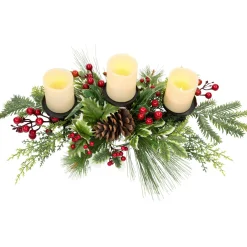 Discount Holly and Berries Christmas Pillar Candle Holder with Pine Cones - 28