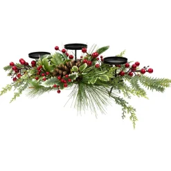 Discount Holly and Berries Christmas Pillar Candle Holder with Pine Cones - 28