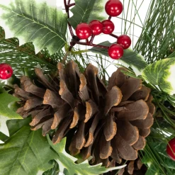 Discount Holly and Berries Christmas Pillar Candle Holder with Pine Cones - 28