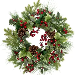 Outlet Holly and Berries, Frosted Thistle and Pine Artificial Christmas Wreath - 24" - Unlit Unlit
