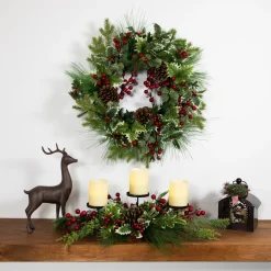 Outlet Holly and Berries, Frosted Thistle and Pine Artificial Christmas Wreath - 24" - Unlit Unlit