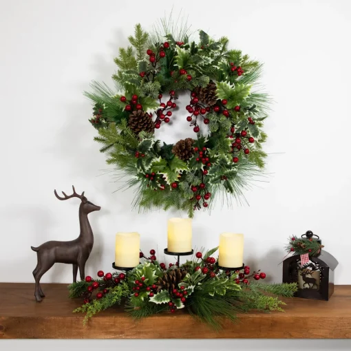 Outlet Holly and Berries, Frosted Thistle and Pine Artificial Christmas Wreath - 24" - Unlit Unlit