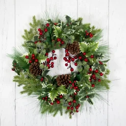 Outlet Holly and Berries, Frosted Thistle and Pine Artificial Christmas Wreath - 24