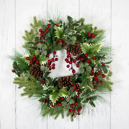Outlet Holly and Berries, Frosted Thistle and Pine Artificial Christmas Wreath - 24" - Unlit Unlit
