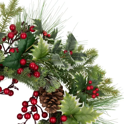 Outlet Holly and Berries, Frosted Thistle and Pine Artificial Christmas Wreath - 24" - Unlit Unlit