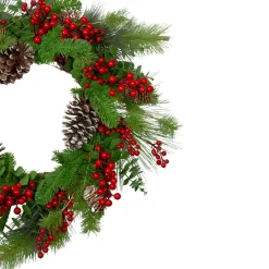 Online Holly Berries and Snowy Pinecones Artificial Christmas Wreath - 24
