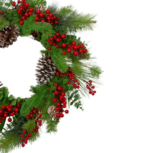 Online Holly Berries and Snowy Pinecones Artificial Christmas Wreath - 24" - Unlit Unlit