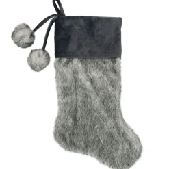 Best 20.5-Inch Gray Faux Fur Christmas Stocking with Corduroy Cuff and Pom Poms Stockings