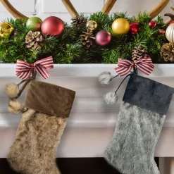 Best 20.5-Inch Gray Faux Fur Christmas Stocking with Corduroy Cuff and Pom Poms Stockings