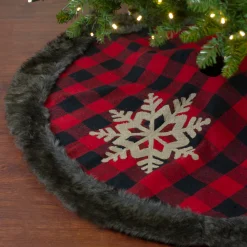 Best 48-Inch Red and Black Christmas Tree Skirt with Burlap Snowflake Cloth|Metal