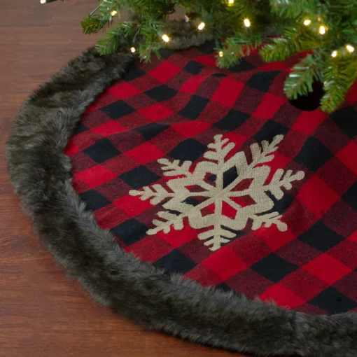 Best 48-Inch Red and Black Christmas Tree Skirt with Burlap Snowflake Cloth|Metal