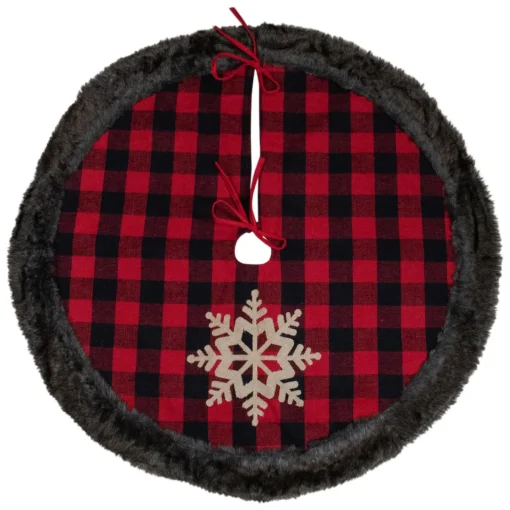 Best 48-Inch Red and Black Christmas Tree Skirt with Burlap Snowflake Cloth|Metal