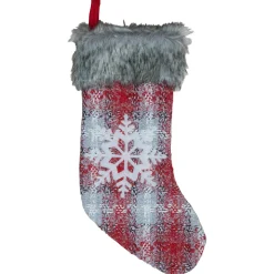 Clearance 18-Inch Red and White Plaid Faux Fur Christmas Stocking with Snowflake Stockings
