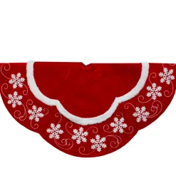 Discount 48-Inch Velvet Red and White Snowflake Scallop Christmas Tree Skirt Cloth|Metal